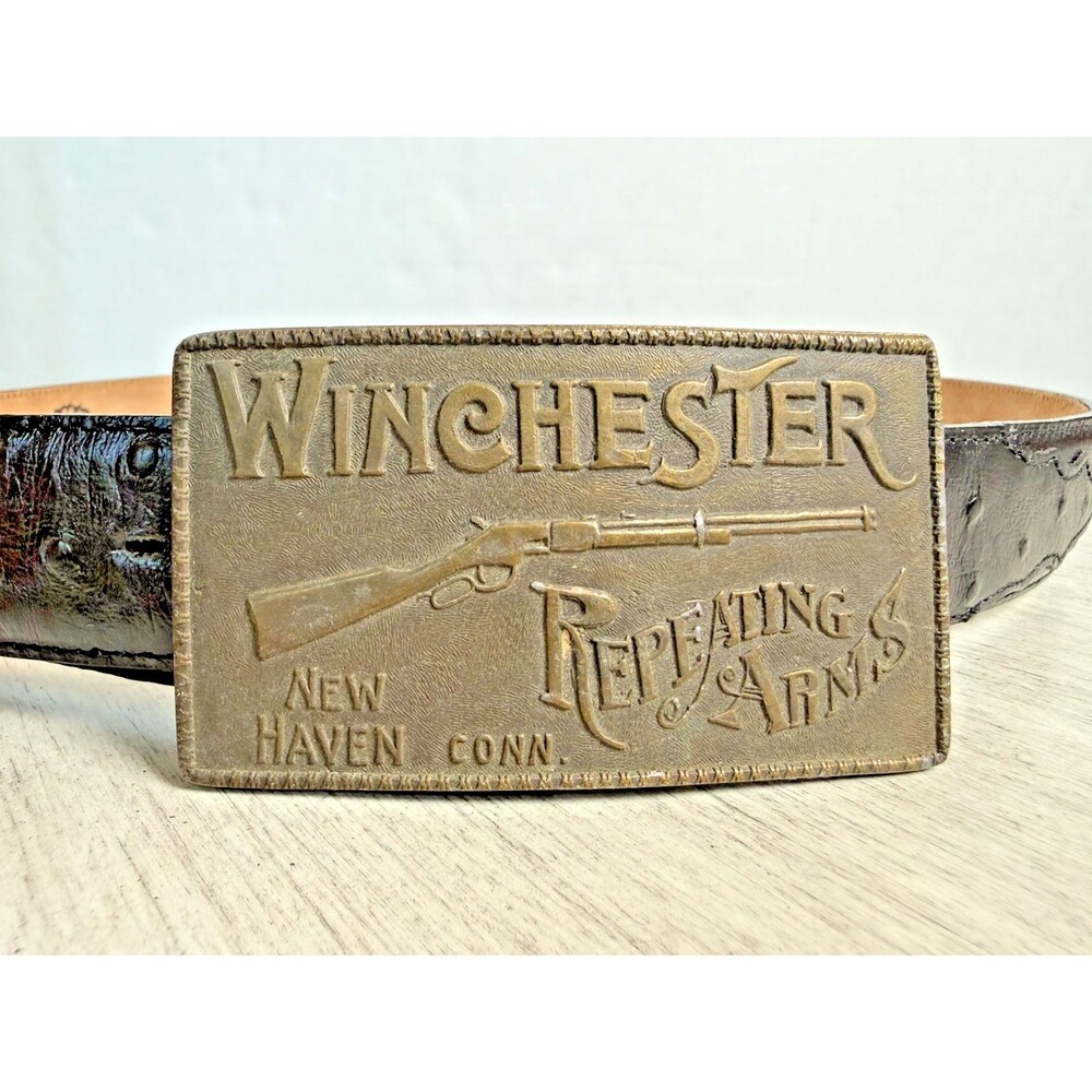 Vintage Winchester Riffle Repeating Arms Belt Buckle New Haven Antique Brass